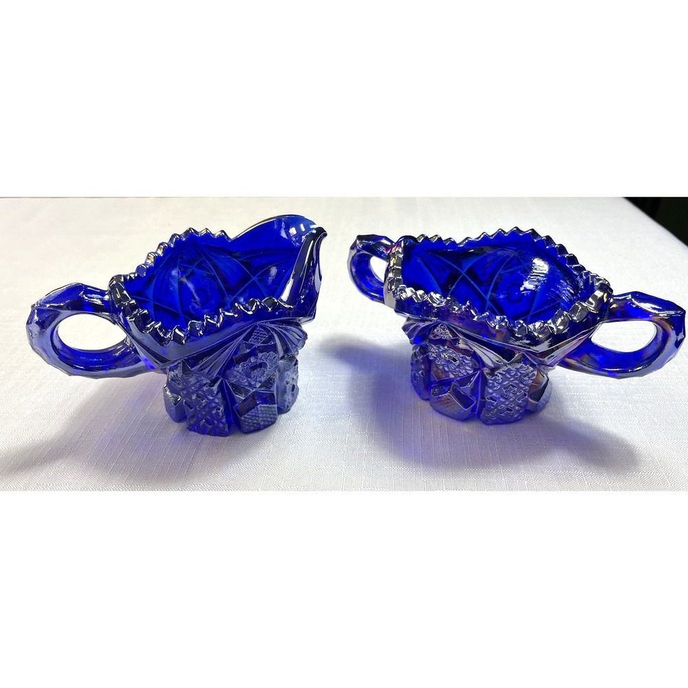 Imperial Carnival Glass Sugar Bowl Creamer Set Cobalt Blue #526 Iridescent Nucuf